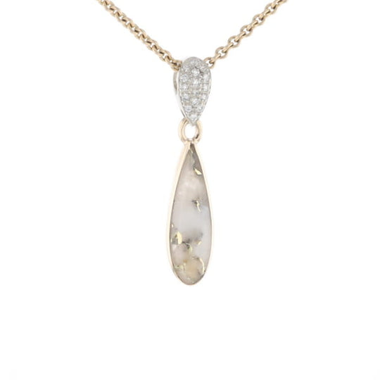 Gold Quartz Necklace Tear Drop Inlaid Pendant with .11ctw Diamonds