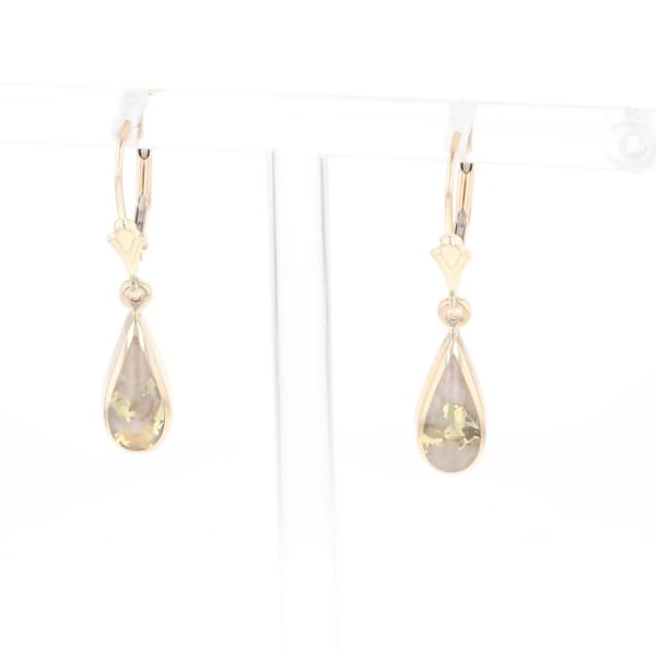 Gold Quartz Earrings Tear Drop Inlaid Lever Backs - G3
