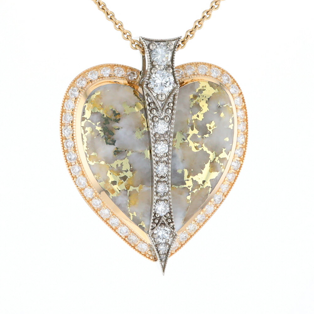 Gold Quartz Necklace Cupid's Revenge 2.24ctw Diamonds Heart Pendant (G1)