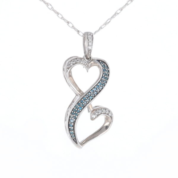Blue and White Diamond Double Open Heart Pendant with 16" Singapore Chain