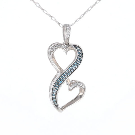 Blue and White Diamond Double Open Heart Pendant with 16" Singapore Chain