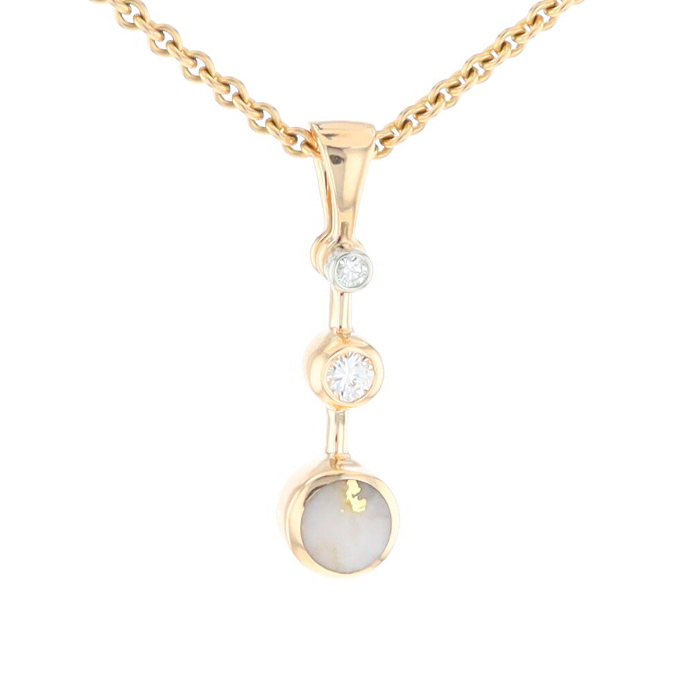 Gold Quartz Necklace Round Inlaid Design Pendant With .10ctw Round Diamond