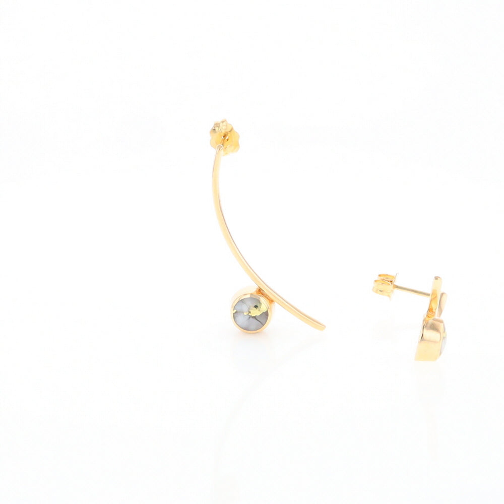 Gold Quartz Earrings Round Inlaid Curved Bar Design