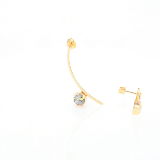 Gold Quartz Earrings Round Inlaid Curved Bar Design