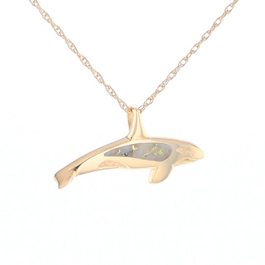 Gold Quartz Necklace Orca Killer Whale Inlaid Sea Life Pendant