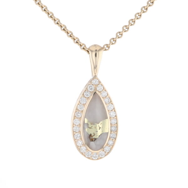 Gold Quartz Pendant Tear Drop Inlaid .42ctw Diamond Halo Design