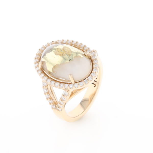 Gold Quartz Ring Oval Cabochon 0.65ctw Round Diamonds Halo