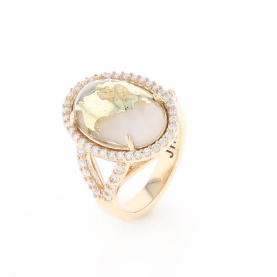 Gold Quartz Ring Oval Cabochon 0.65ctw Round Diamonds Halo