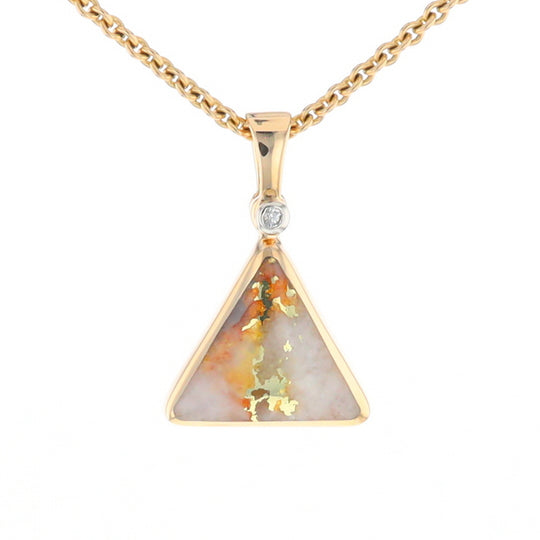 Gold Quartz Necklace Triangle Inlaid Pendant with .02ct Diamond