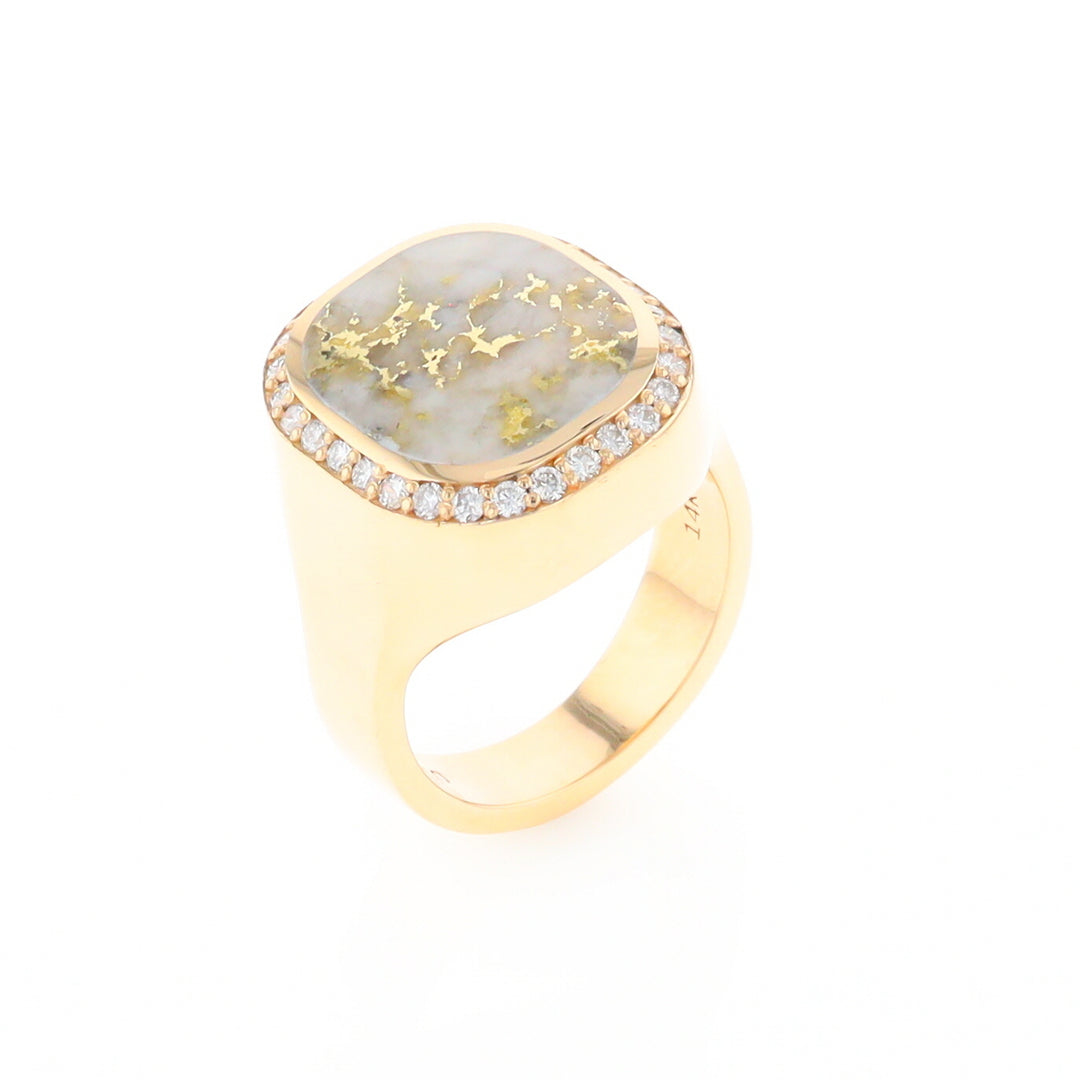 Gold Quartz Cushion Inlaid Men's Ring with Diamond Halo