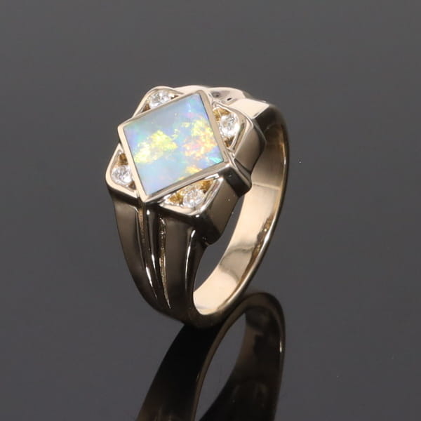 Natural Australian Opal ring diamond shape inlaid design with .16ctw round diamonds