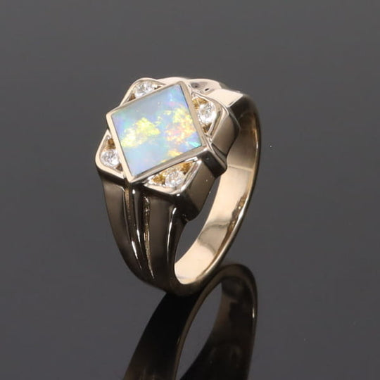 Natural Australian Opal ring diamond shape inlaid design with .16ctw round diamonds