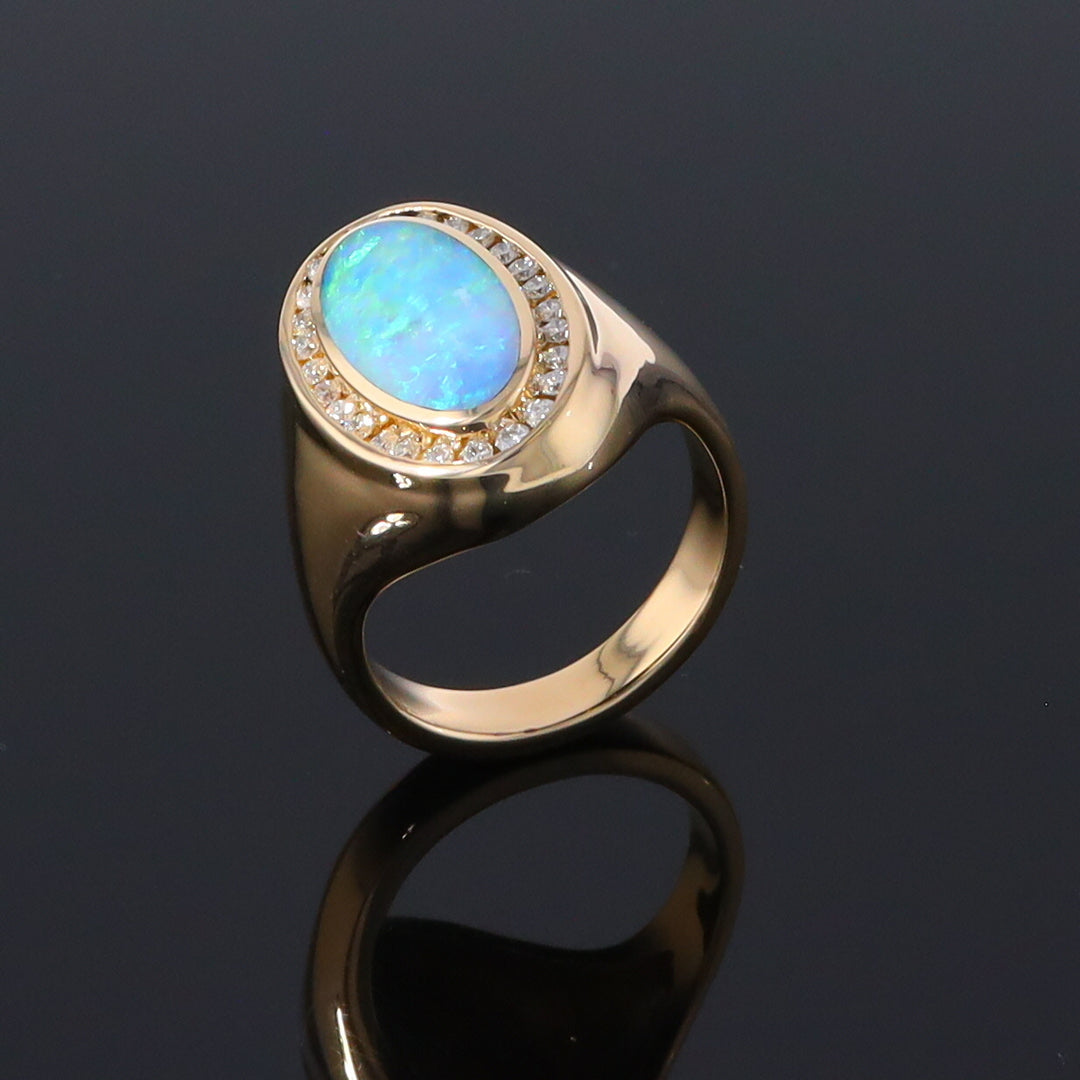 Opal Rings Oval Inlaid Design with .36ctw Round Diamonds Halo