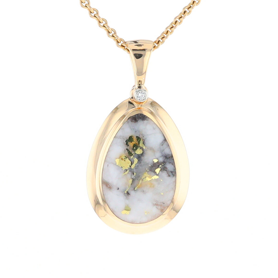 Gold Quartz Necklace Pear Shape Inlaid Pendant with .02ct Diamond