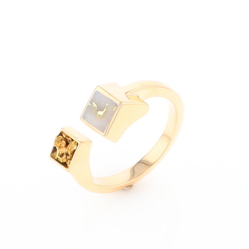 Gold Quartz Ring Natural Nuggets Inlaid Wrap Double Square Design