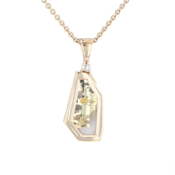 Gold Quartz Necklace .02ct Diamond Geometric Inlaid Design Pendant