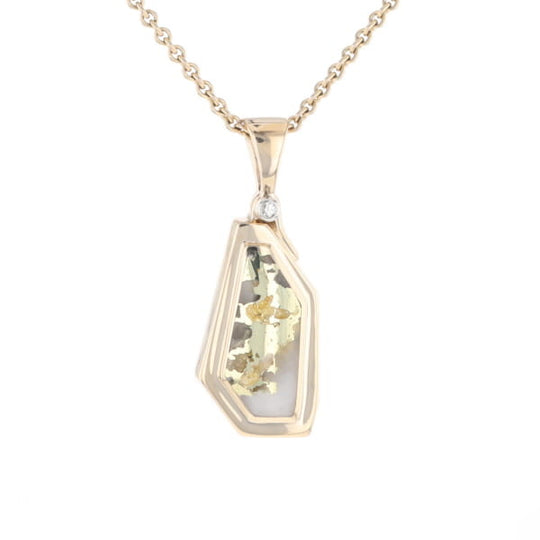 Gold Quartz Necklace .02ct Diamond Geometric Inlaid Design Pendant