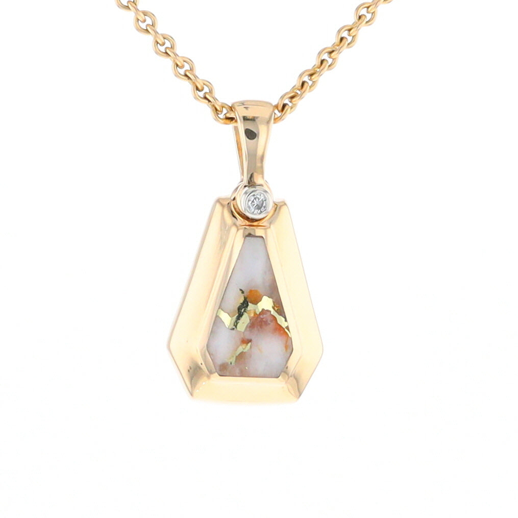 Gold Quartz Necklace, Triangle Inlaid with .02ctw Diamond Pendant