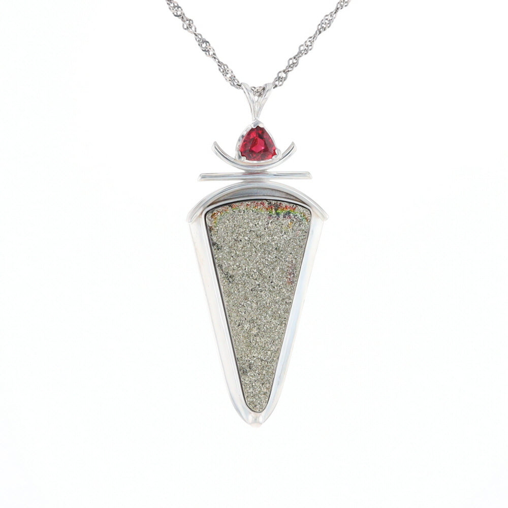 Druzy Quartz & Pink Trillion Tourmaline Pendant