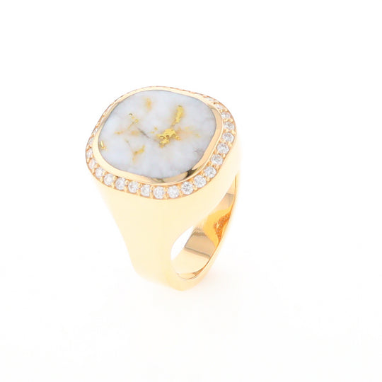 Gold Quartz Cushion Inlaid Men's Ring with Diamond Halo