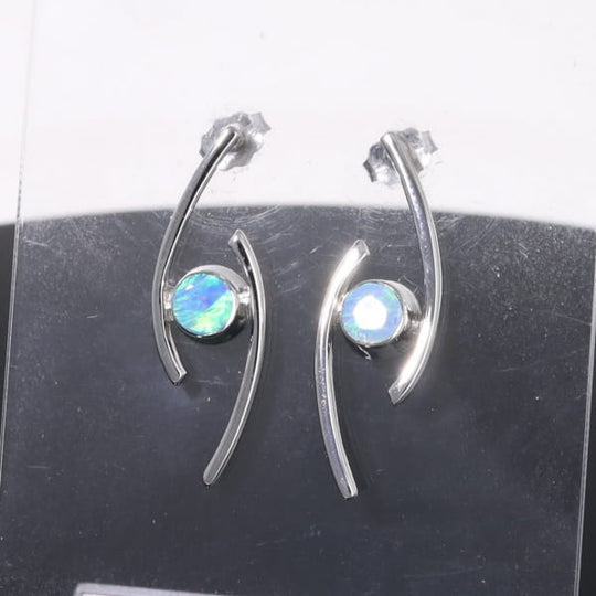 Opal Earrings Round Inlaid Double Curved Bar Design Studs