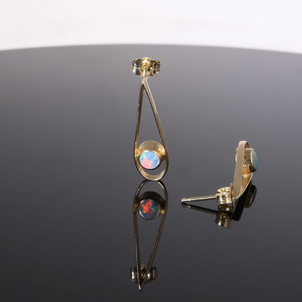 Opal Earrings Round Inlaid Open Tear Drop Design Studs