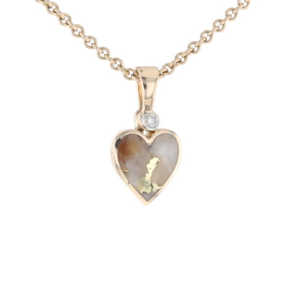 Gold Quartz Necklace Heart Inlaid Design Pendant with .02ct Diamond