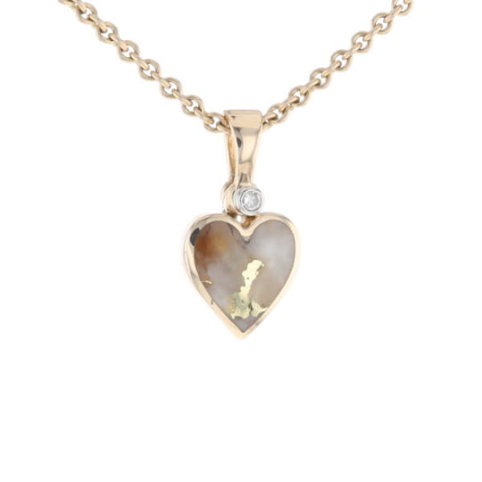 Gold Quartz Necklace Heart Inlaid Design Pendant with .02ct Diamond