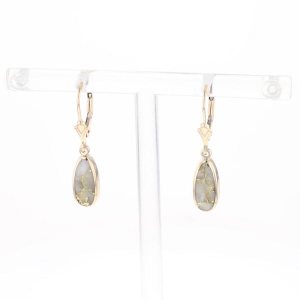 Gold Quartz Earrings Tear Drop Inlaid Lever Backs