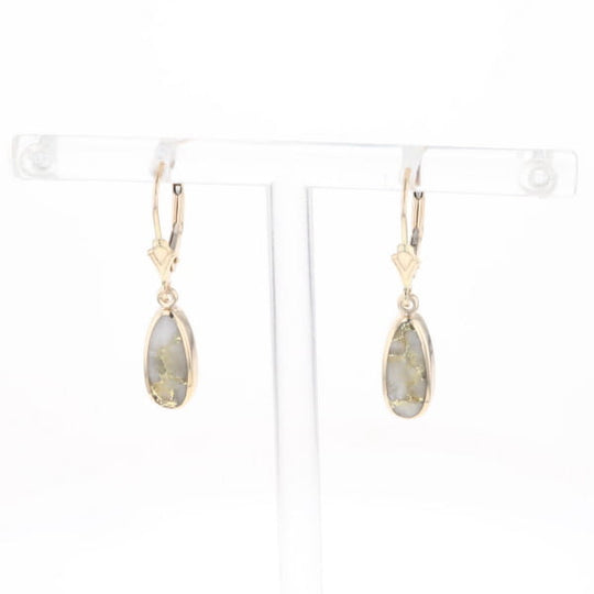 Gold Quartz Earrings Tear Drop Inlaid Lever Backs