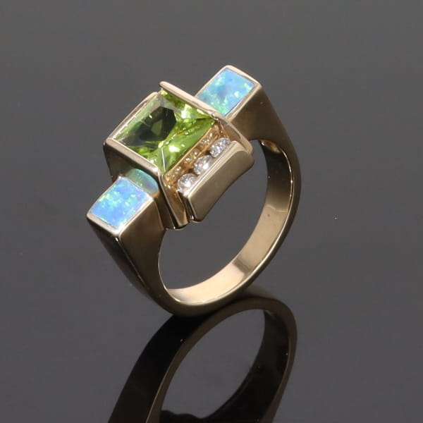 Opal Rings 2 Square Inlaid Peridot with 0.24ctw Diamonds