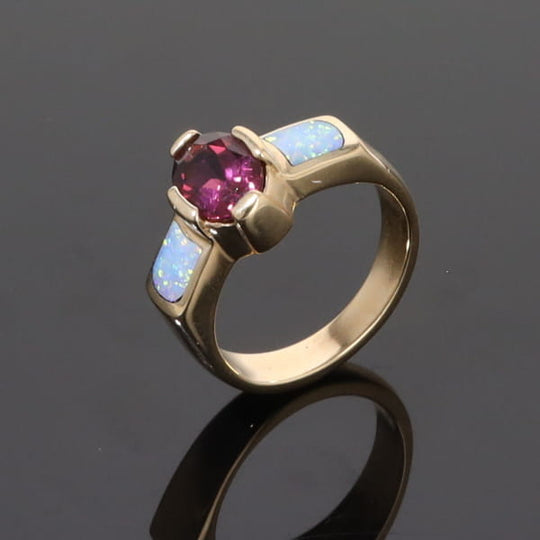 Opal Rings 2 Section Inlaid Design with Oval Pink Tourmaline