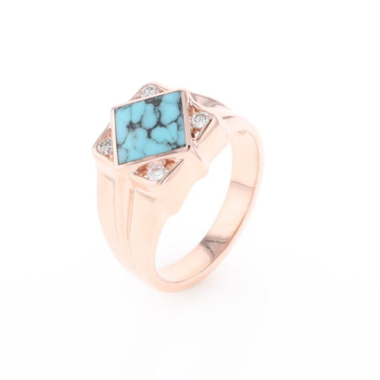 Natural Turquoise ring diamond shape inlaid design with .16ctw round diamonds