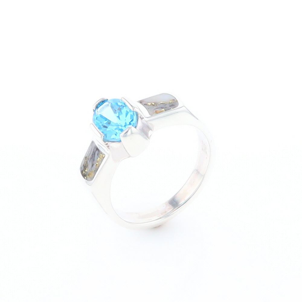 Sterling Silver Gold Quartz Inlaid Oval Blue Topaz Ring - G3