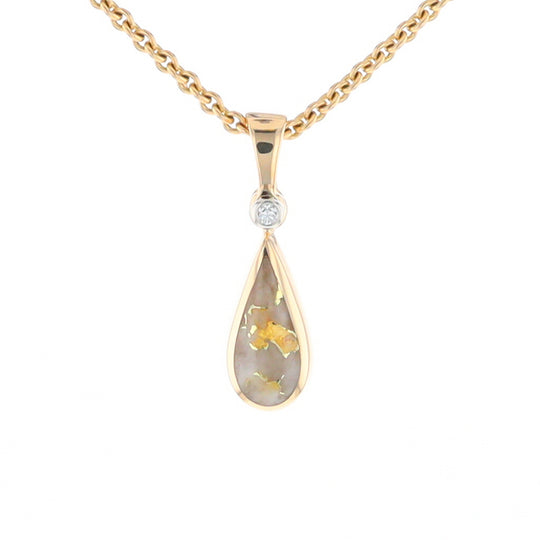 Gold Quartz Pendant Tear Drop Inlaid Design with .02ct Diamond