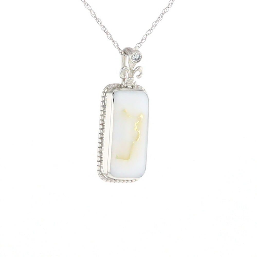 Gold Quartz Necklace, Rectangle Inlaid Fleur De Lis Design with .02ctw Diamond Pendant