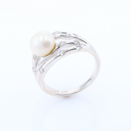 Pearl Bamboo Ring with Cubic Zirconia Accents