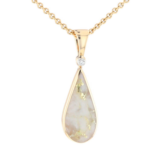 Gold Quartz Necklace Tear Drop Inlaid Pendant with .02ct Diamond