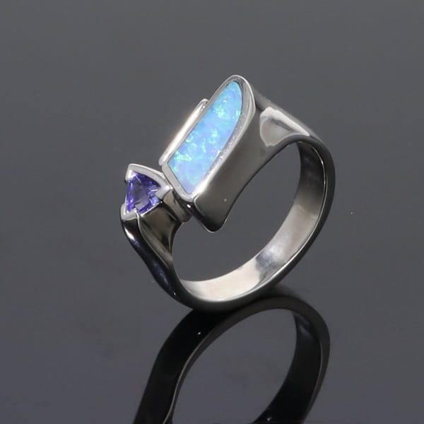 Opal Rings Geometric Inlaid Design with Tanzanite and .08ctw Diamonds