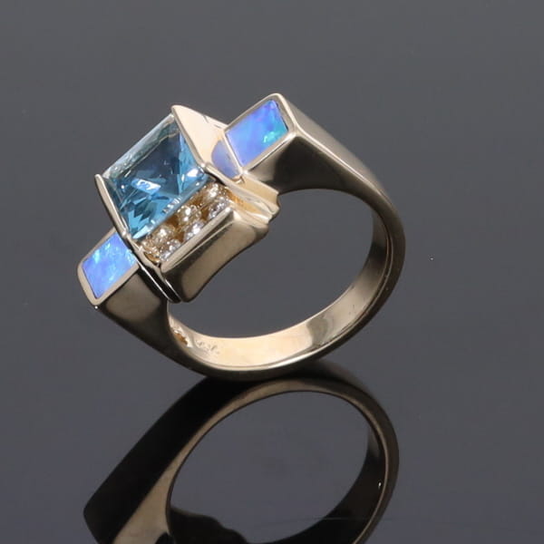Opal Rings Inlaid Sides Swiss Blue Topaz Center with .24ctw Diamonds