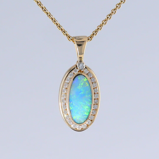 Opal Pendant Oval Inlaid Design with .37ctw Round Diamonds Halo