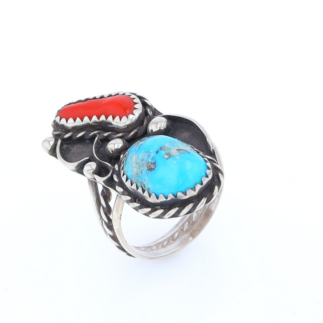 Freeform Turquoise and Coral Silver Rope Ring