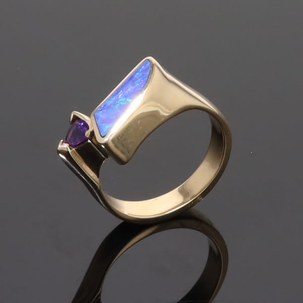 Opal Rings Geometric Inlaid with Amethyst and .08ctw Diamonds