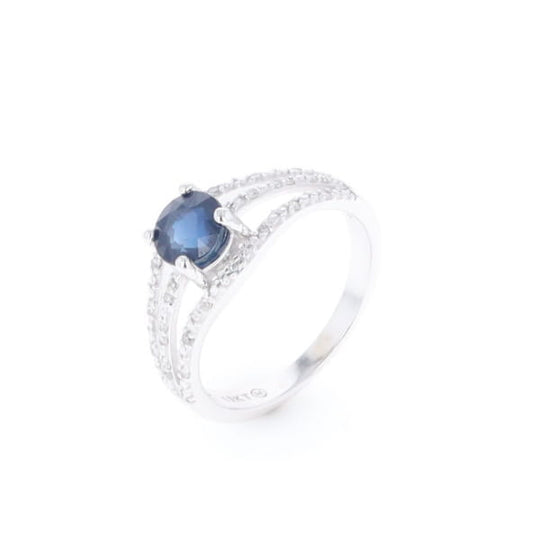 Blue Sapphire Triple Shank Ring With Accent Diamonds