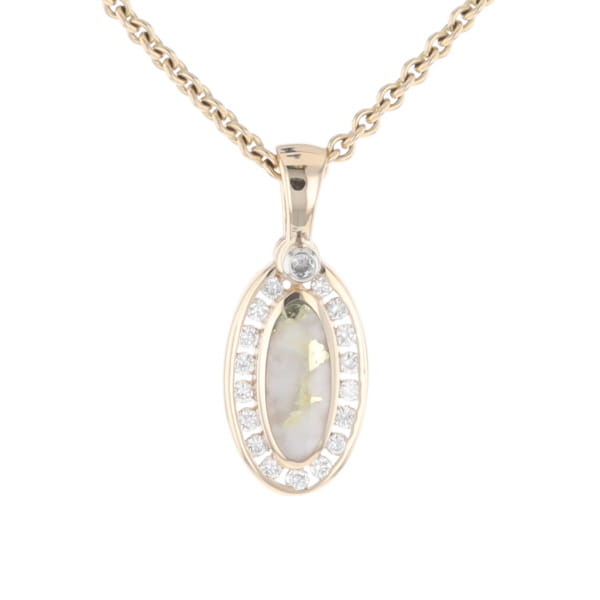 Gold Quartz Pendant Oval Inlaid with .22ctw Round Diamonds Halo (G1)