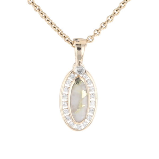Gold Quartz Pendant Oval Inlaid with .22ctw Round Diamonds Halo (G1)