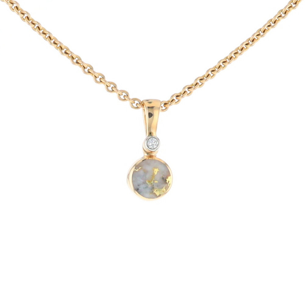 Gold Quartz Necklace Round Inlaid Pendant with .02ct Round Diamond