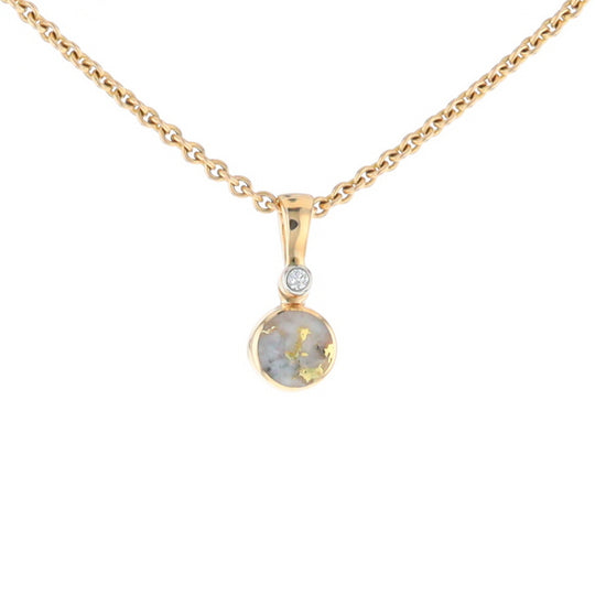 Gold Quartz Necklace Round Inlaid Pendant with .02ct Round Diamond