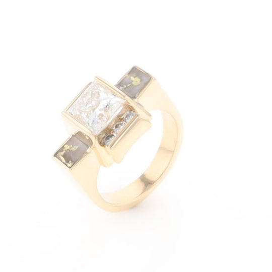 Princess Cut Diamond Gold Quartz 2-Square Inlaid Ring