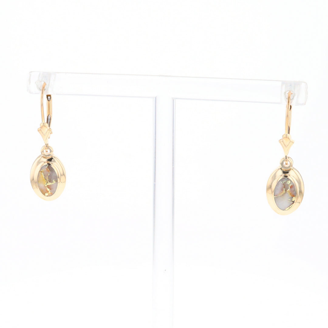 Gold Quartz Earrings Oval Inlaid Design Lever Backs - G2